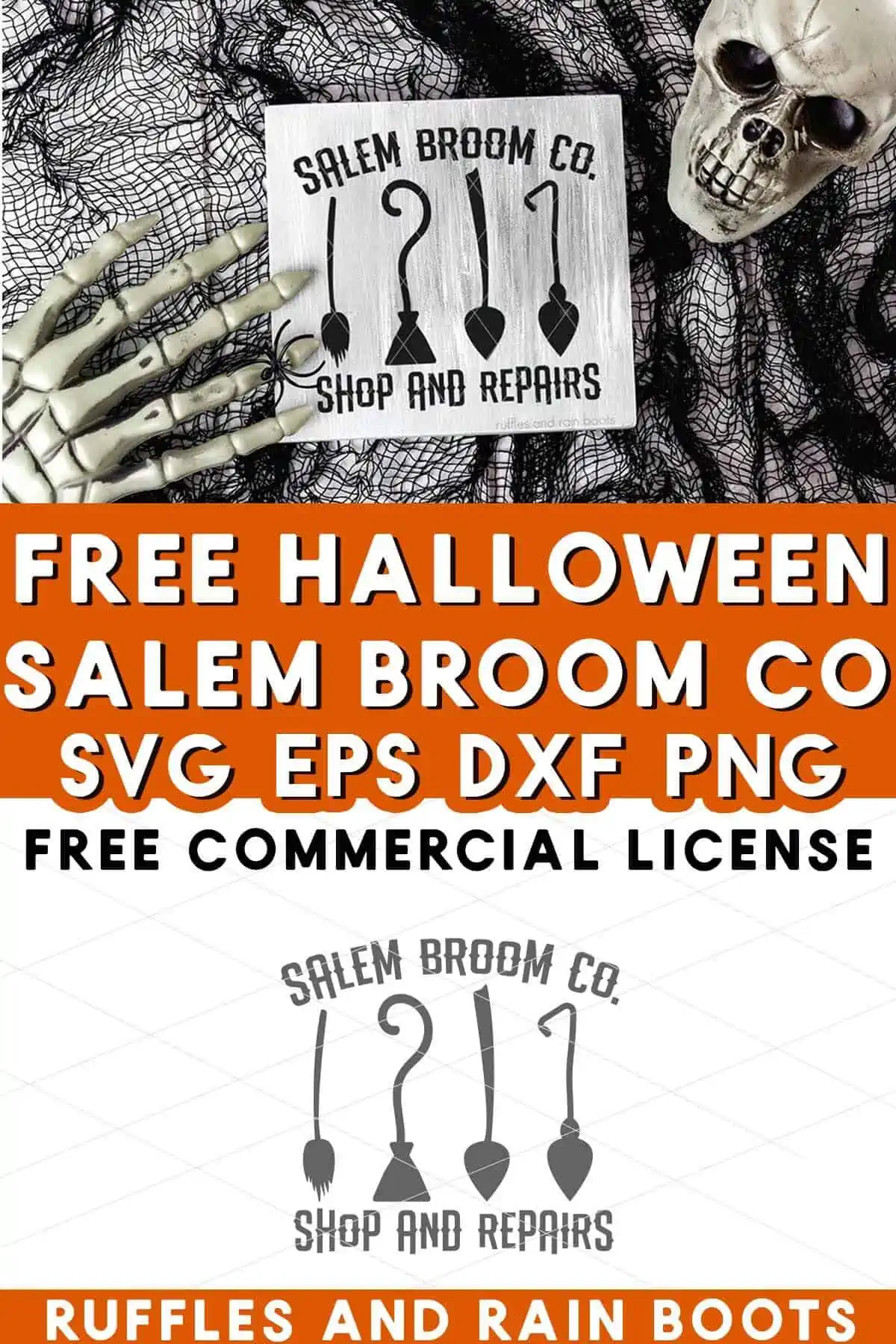 Stacked vertical collage with Halloween background and white wood frame with text which reads Free Halloween Salem Broom Co SVG.