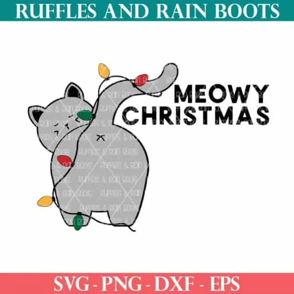 Meowy Christmas SVG with cat in lights from Ruffles and Rain Boots SVG.