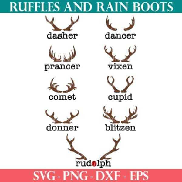 Reindeer names SVG with Antlers and Rudolph accent from Ruffles and Rain Boots SVG.