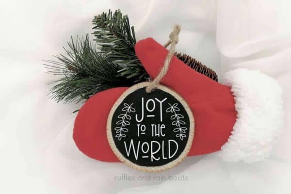 Horizontal image of a Santa mitten with greenery and a painted wood round with Joy to the World in white permanent vinyl.