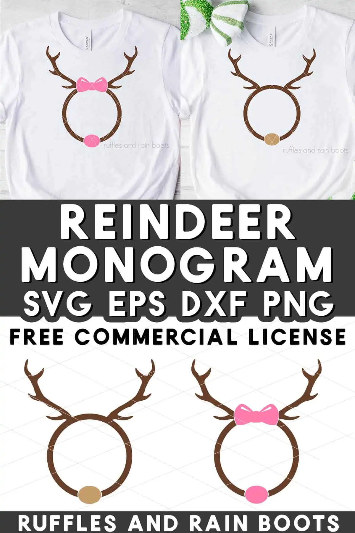 Stacked image of two white t-shirts with reindeer monogram in vinyl with text which reads reindeer monogram SVG with free commercial license.