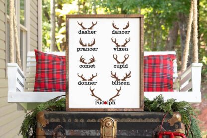 Horizontal image of a frame of vinyl reindeer names SVG featuring antlers and Rudolph nose on Christmas front porch.