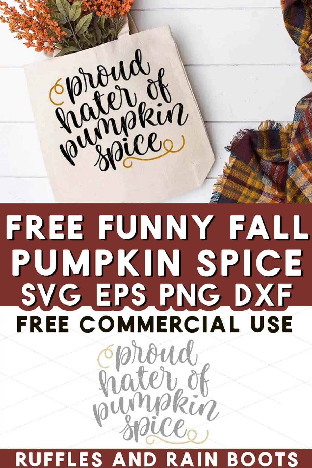 Stacked vertical image of a free funny pumpkin spice hater SVG on a natural canvas tote bag.