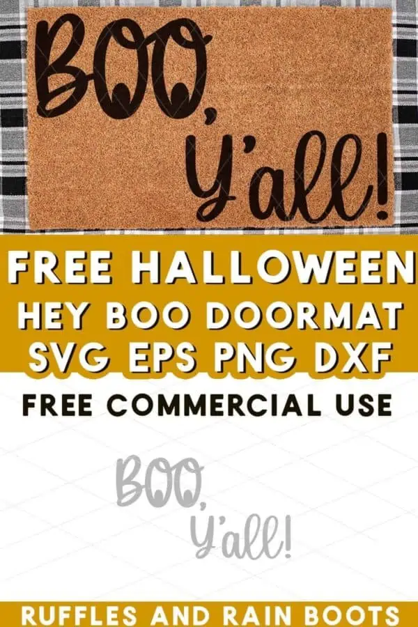 Boo Y'all doormat with eyes on plaid mat with text which reads free Halloween doormat SVG with commercial use.