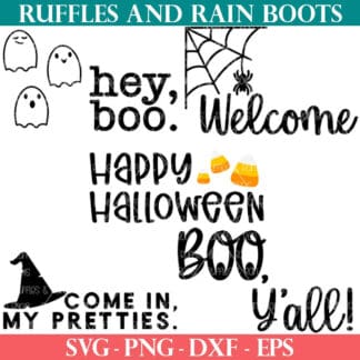 Square image of 5 Halloween doormat SVG designs from Ruffles and Rain Boots.