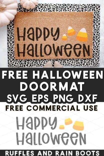 Happy Halloween doormat SVG free with candy corn detail on a leopard mat and text which reads free SVG.