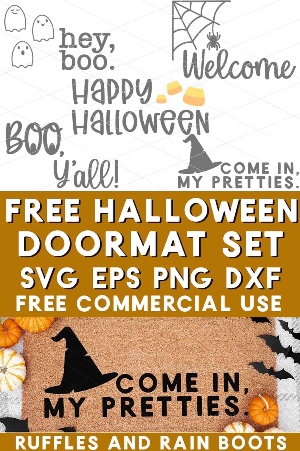 Stacked vertical image showing a doormat and text which reads free Halloween doormat SVG with commercial use.