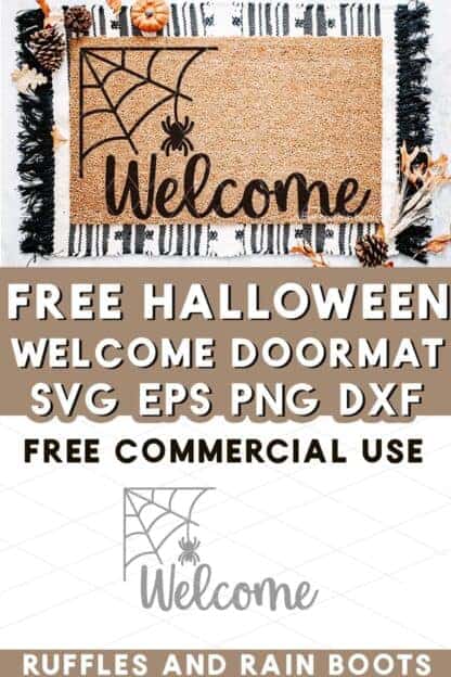 Welcome doormat with spider and web with text which reads free Halloween door mat SVG with commercial license.