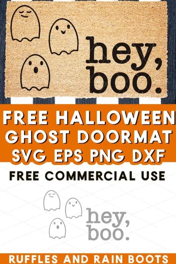 Coir doormat with black paint of ghosts and text with text which reads free Halloween ghost doormat SVG.
