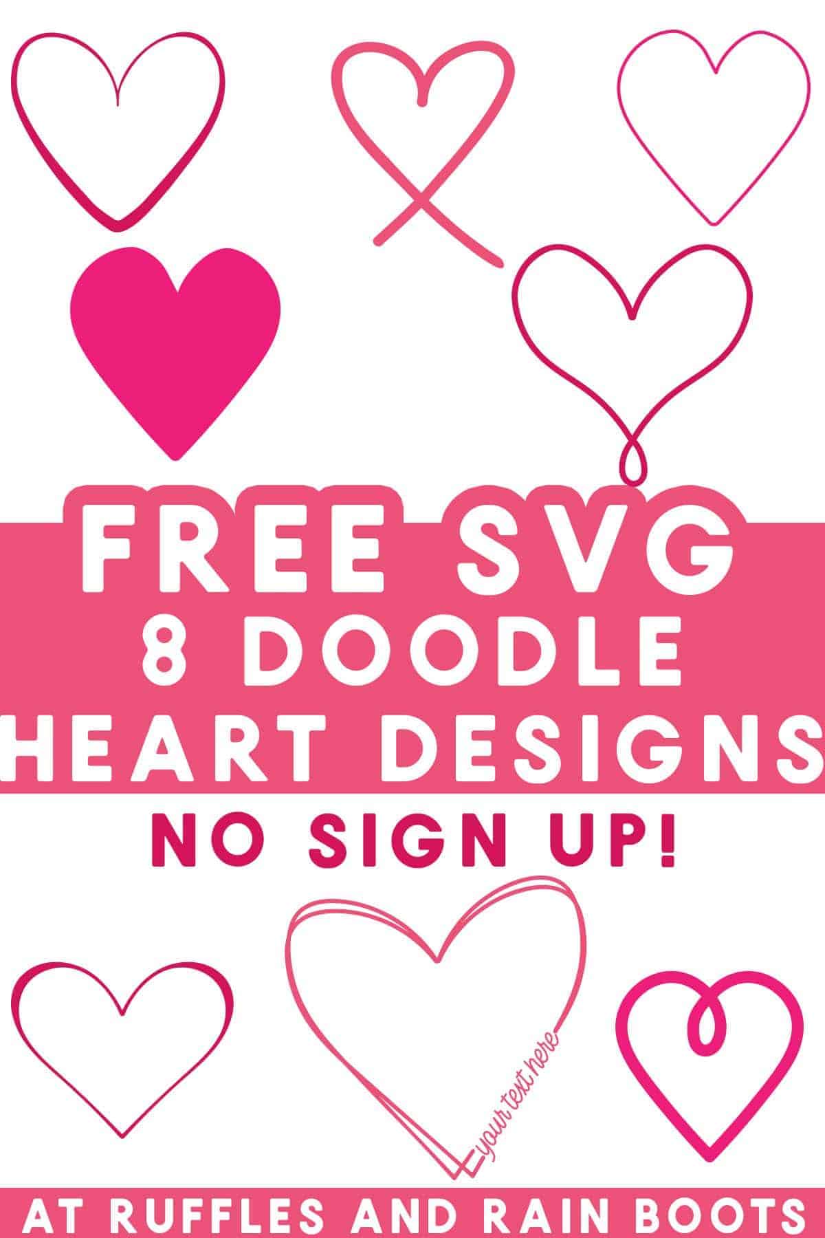 Vertical split image of 8 doodle heart SVG designs with commercial use.