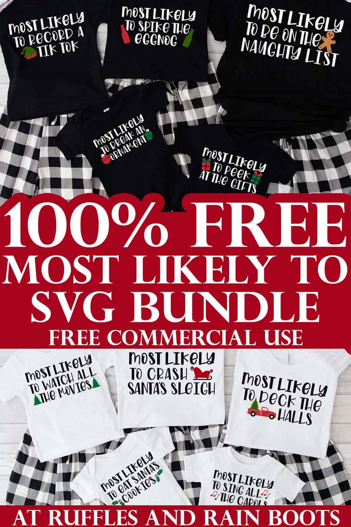 Vertical image showing two sets of matching Christmas shirts made with free SVG bundle.