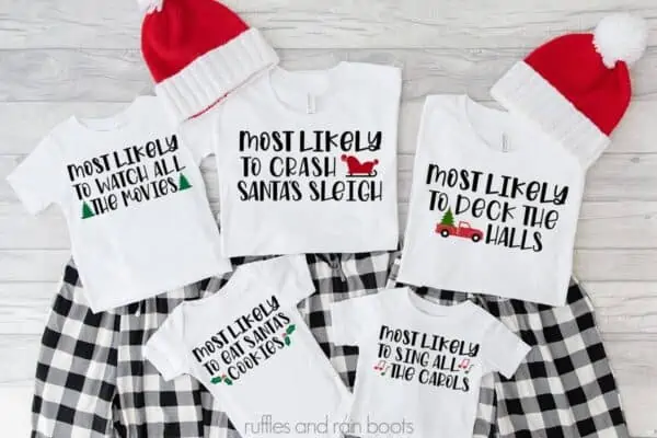 Horizontal image of Christmas pajamas all made with free SVG for matching holiday shirts.