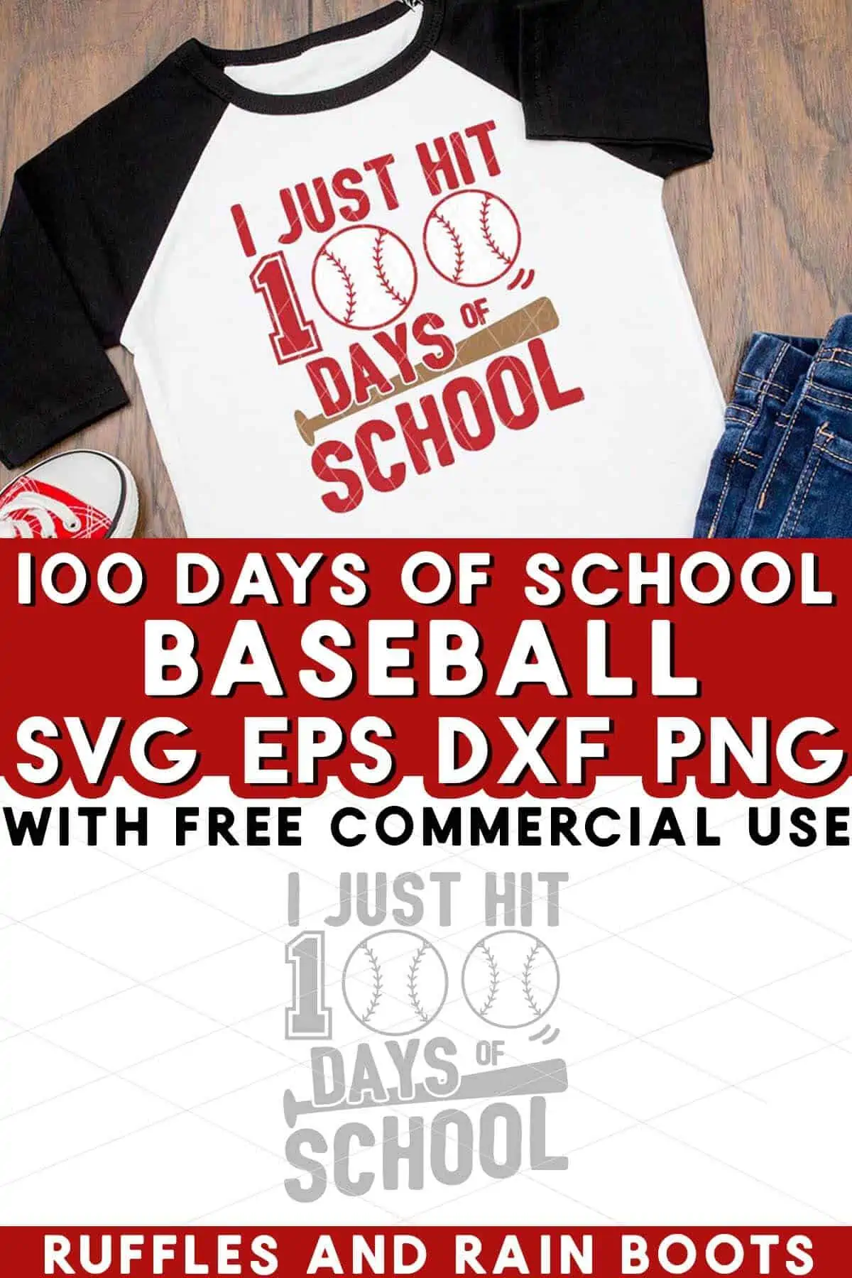 Split vertical image showing a black sleeve raglan shirt with 100 days of school and baseballs.