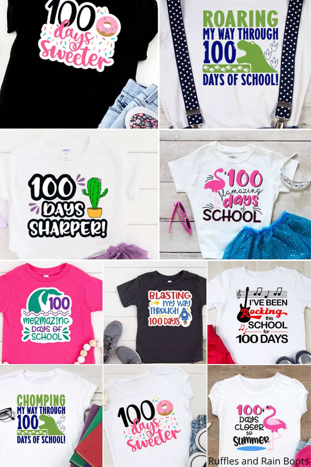 10 image collage of 100 days of school SVG bundle from Ruffles and Rain Boots.