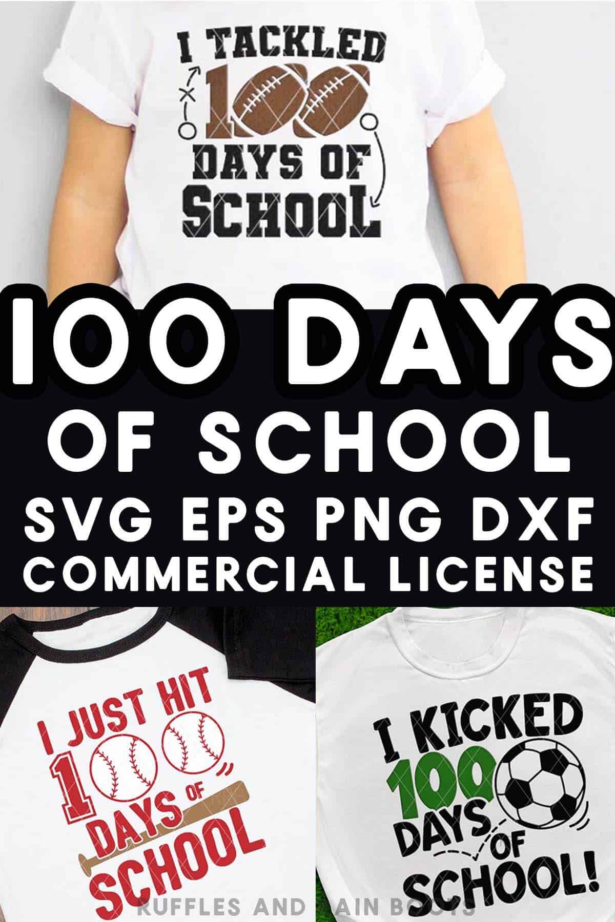 Vertical split image collage of three 100 days of school sports SVG designs with a commercial license.