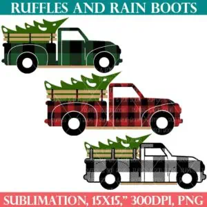 Three buffalo plaid Christmas truck files from Ruffles and Rain Boots free sublimation.