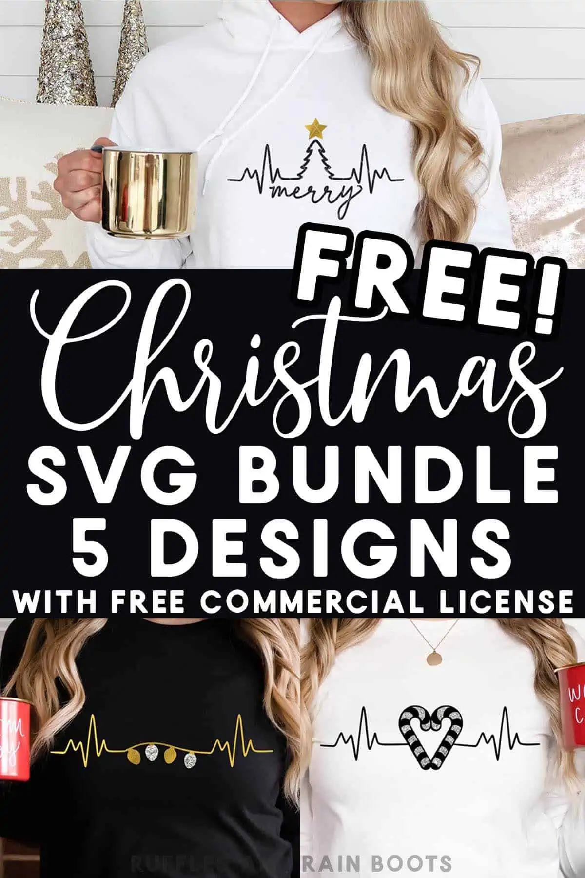 Three image collage of women wearing hoodies and t-shirts with text which reads free Christmas svg bundle with 5 designs.