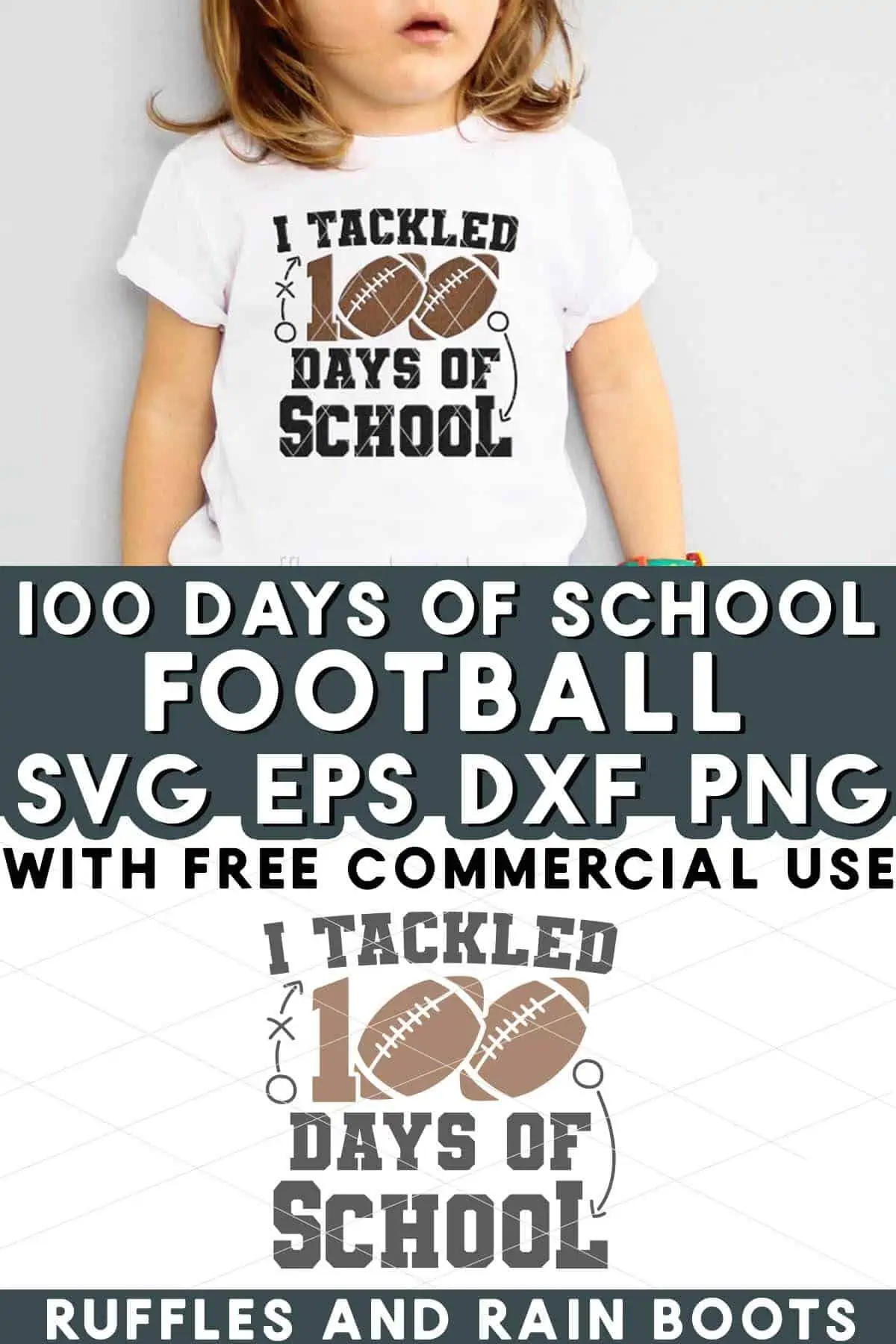 Split vertical image showing a young student wearing a white shirt with 100 days of school and footballs.