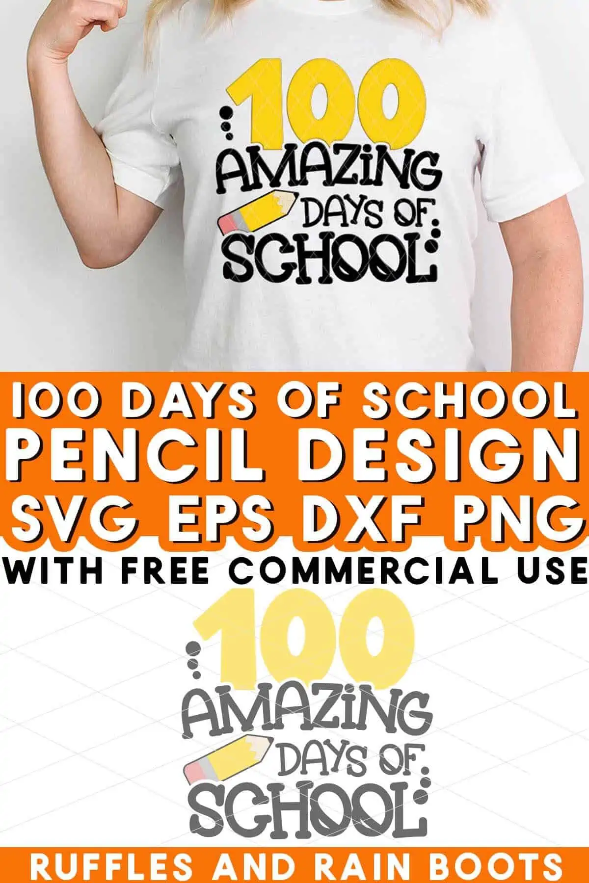Split vertical image of girl wearing a 100 amazing days of school design in heat transfer vinyl on white t shirt.