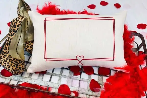Horizontal image of linen pillow with red vinyl frame with heart on basket with heels, flower petals, and feathers.