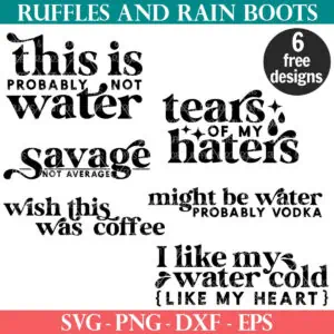 Six free water bottle SVG designs from Ruffles and Rain Boots free SVG for Cricut.