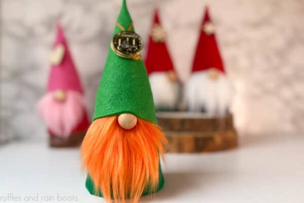 Horizontal close up image of a St Patrick's day gnome with orange beard and green hat in front of blurry background.