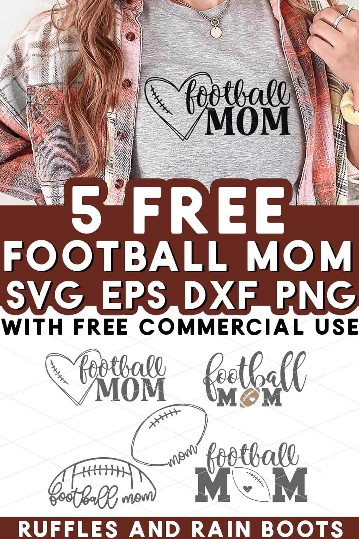 Split vertical image of football mom t-shirt made with Cricut with text which reads 5 free football mom SVG.