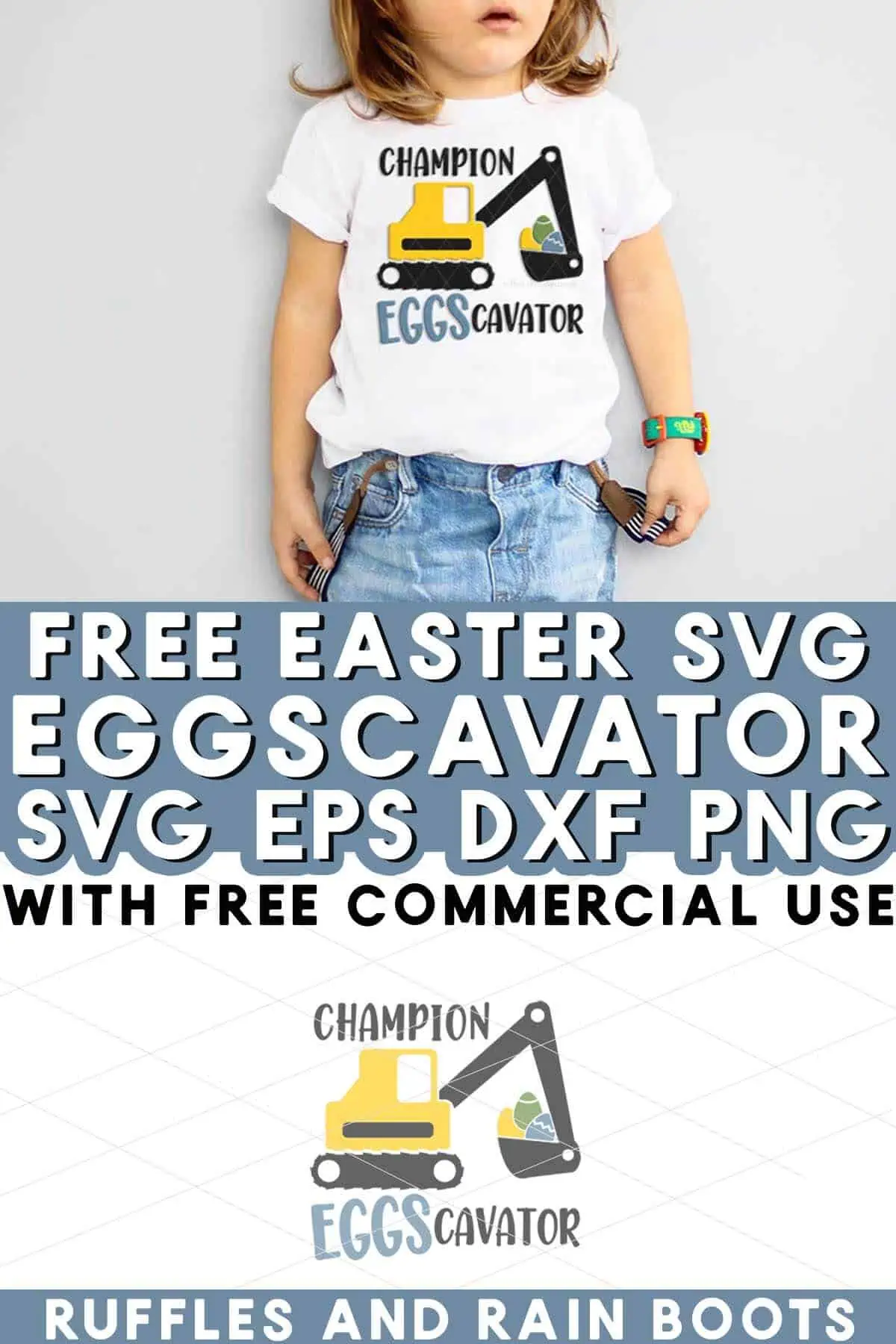 Split image of boy in jeans and white shirt which reads champion eggscavator with text which reads free Easter SVG.