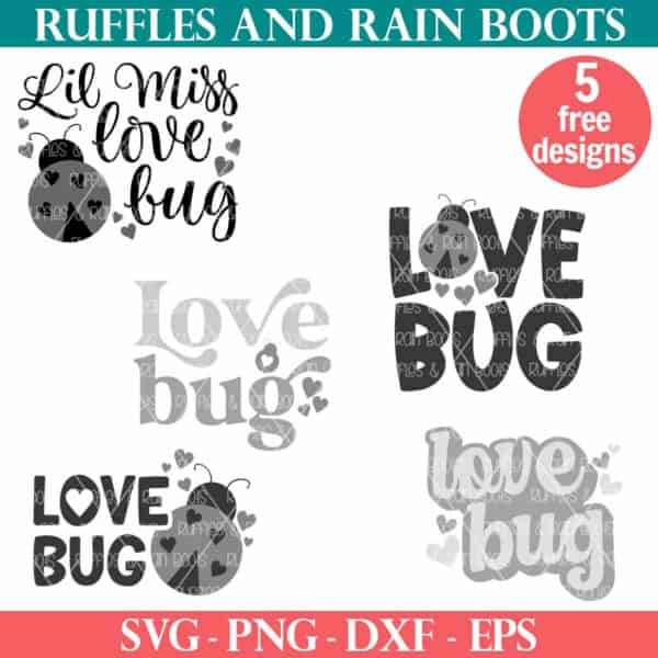 Five free love bug SVG cut files from Ruffles and Rain Boots SVG free.