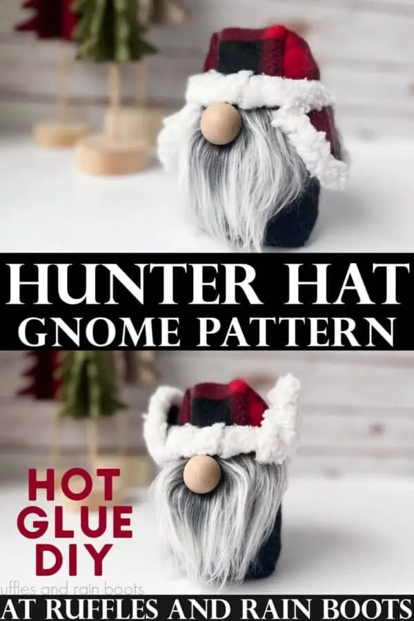Vertical split image collage of gnome wearing mudflap hat with ear flaps with text which reads hunter hat gnome pattern.