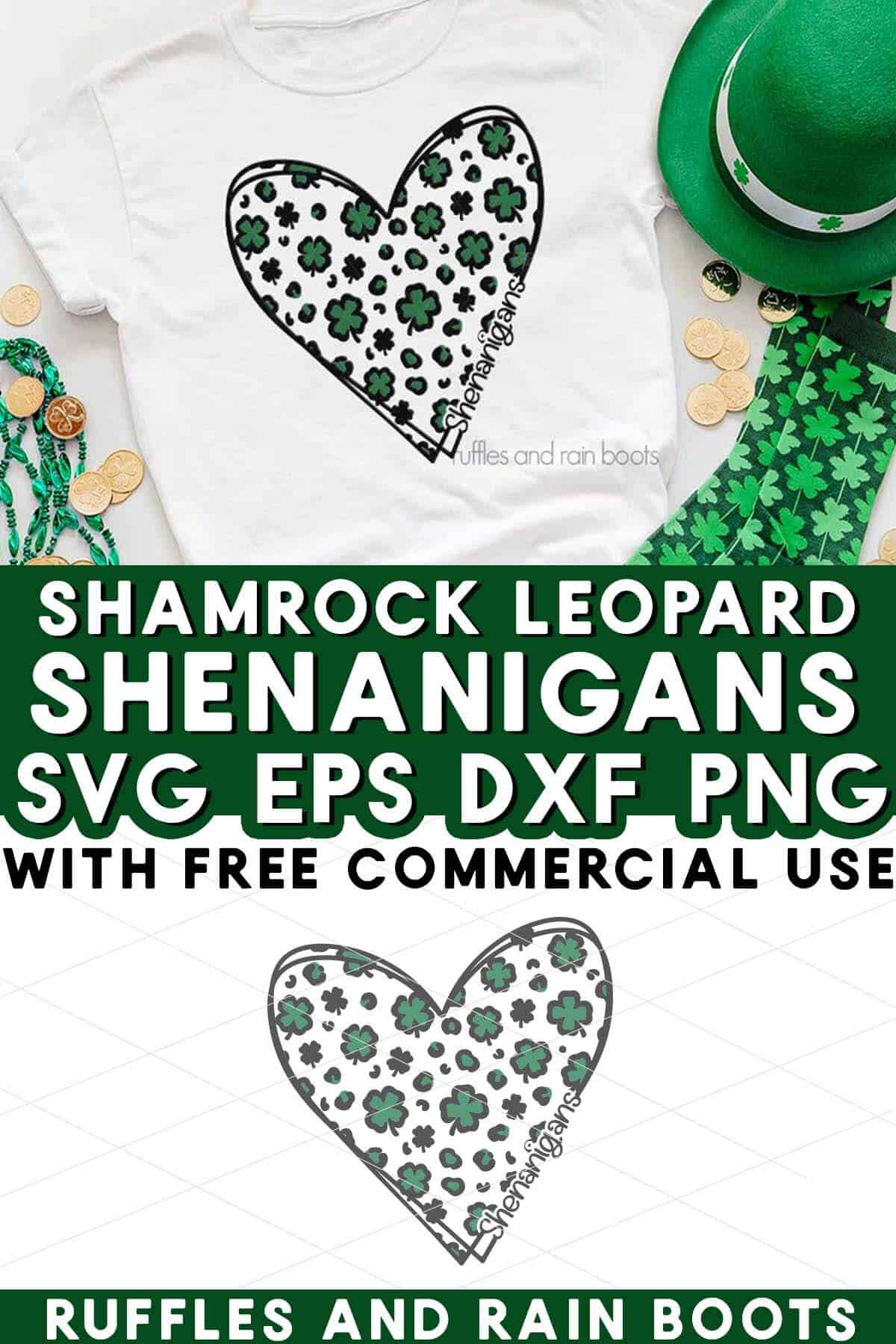 Split vertical image of shirt on St Patrick's day background with shamrock leopard print in heart with text which reads shenanigans.