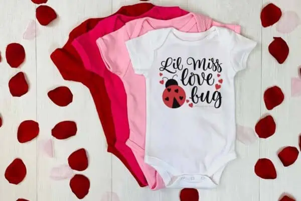 Horizontal image of Lil Miss Love Bug with lady bug on body suit with rose petals and wood background.