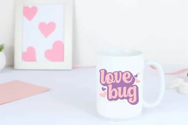 Horizontal image of love bug in offset style for Valentine mug craft.