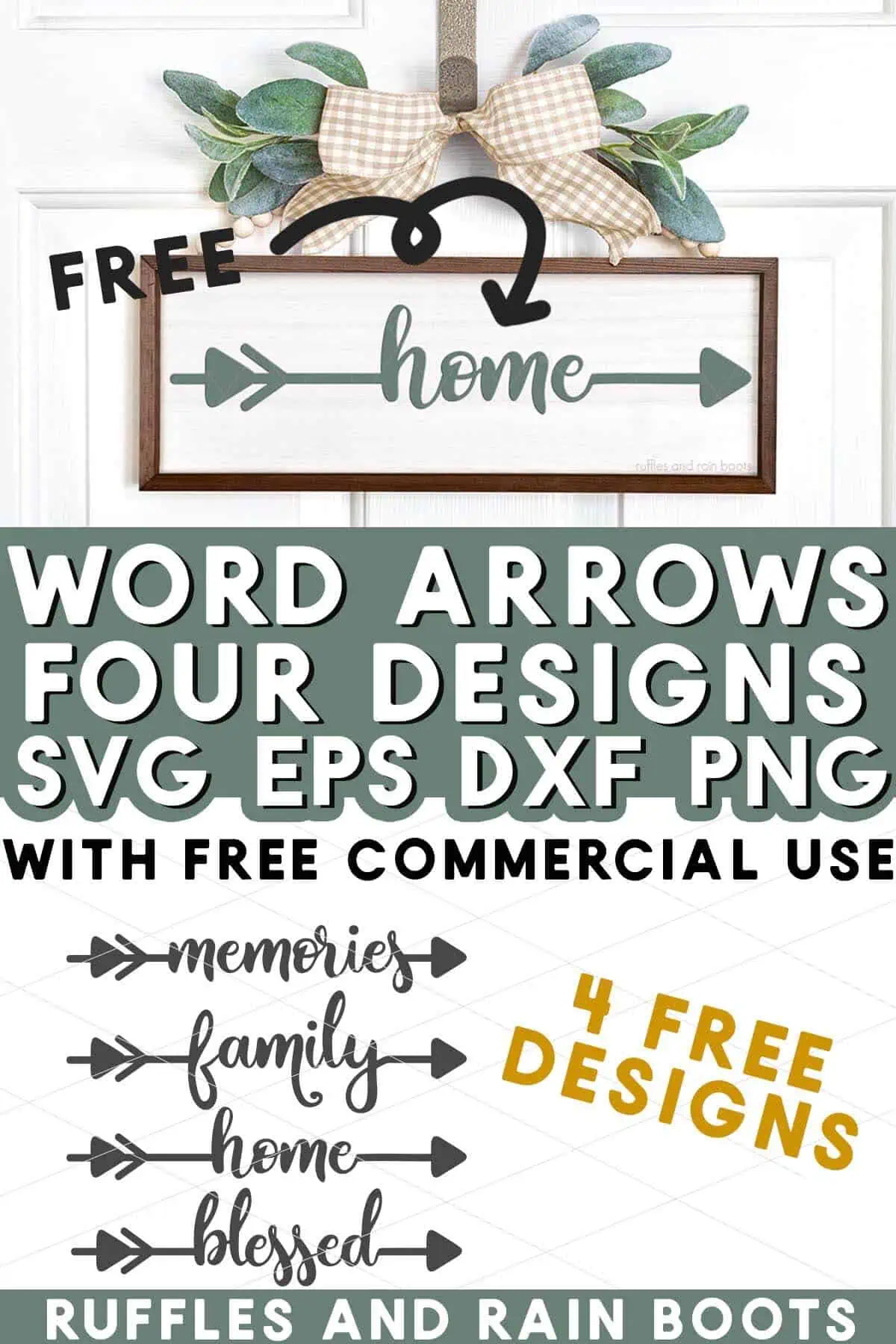 Split vertical collage with home word arrow SVG hung on door with bow and greenery.