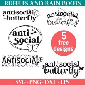 Collage of five handmade antisocial butterfly cut files from Ruffles and Rain Boots free SVG.