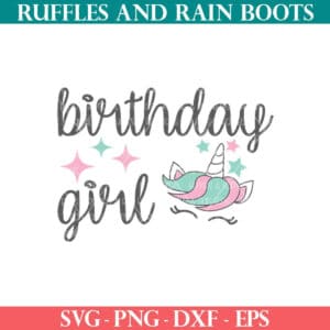 Unicorn face SVG birthday girl from Ruffles and Rain Boots free SVG.
