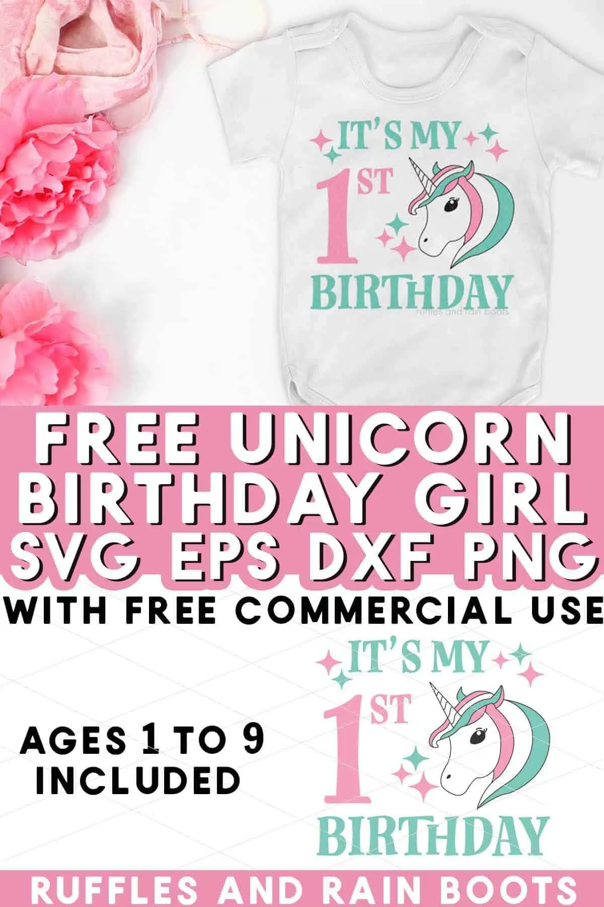 Split vertical image of pink flowers and white body suit which reads it's my 1st birthday unicorn SVG in vinyl.