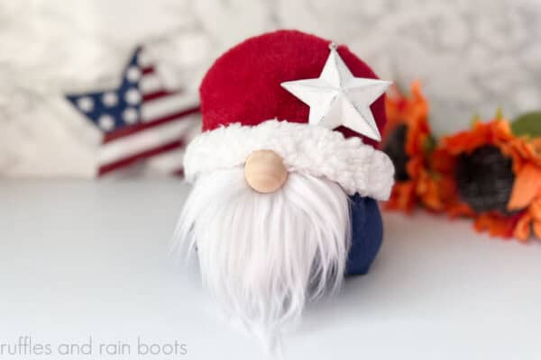 Horizontal Independence Day gnome idea with red and blue fleece, white gnome beard, and star.