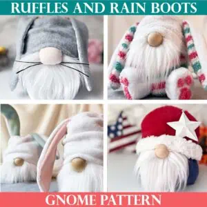 Four image collage of short and stocky gnomes created from Ruffles and Rain Boots gnome patterns.