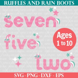 Ages one through ten unicorn birthday SVG bundle from Ruffles and Rain Boots SVG.
