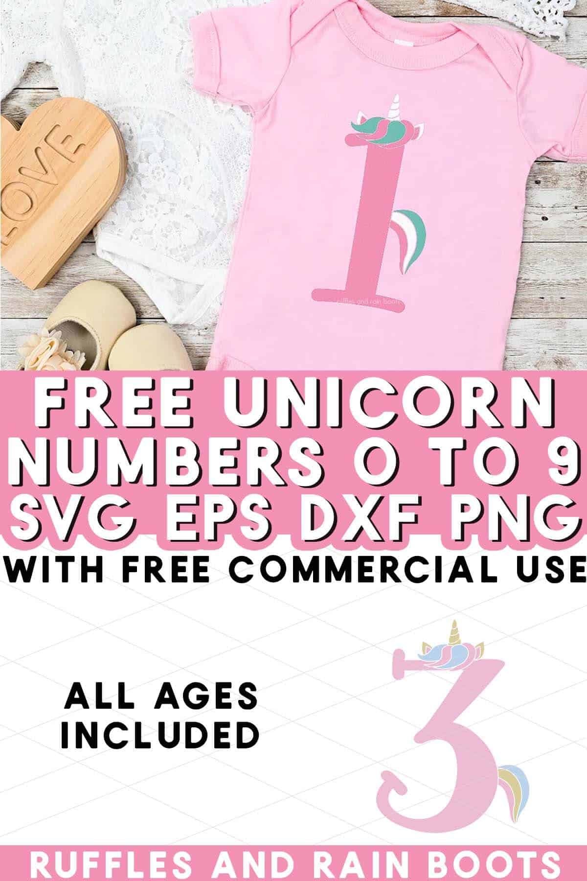 Vertical split collage showing pink body suit and number 3 with text which reads free unicorn number SVG bundle.