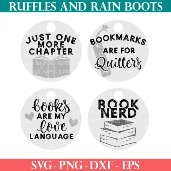 Four free book club SVG designs from Ruffles and Rain Boots.