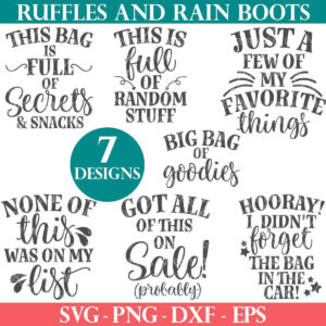 Set of seven designs for tote bag SVG bundle from Ruffles and Rain Boots SVG.