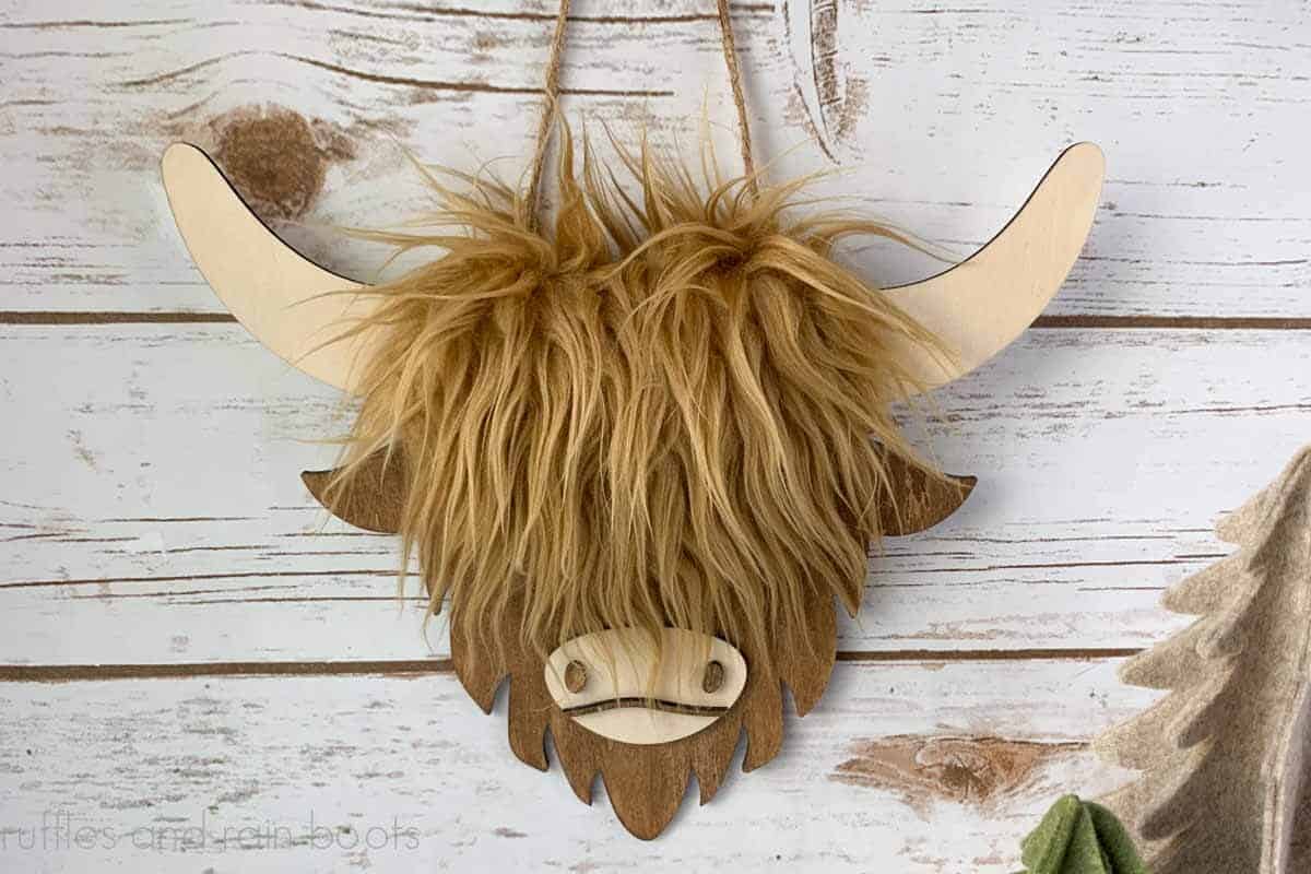 Horizontal image close up of a fur topped highland cow door sign made with the highland cow SVG from ruffles and rain boots SVG.