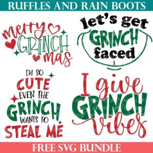 Four images of free Grinch SVG from Ruffles and Rain Boots SVG fro Cricut.