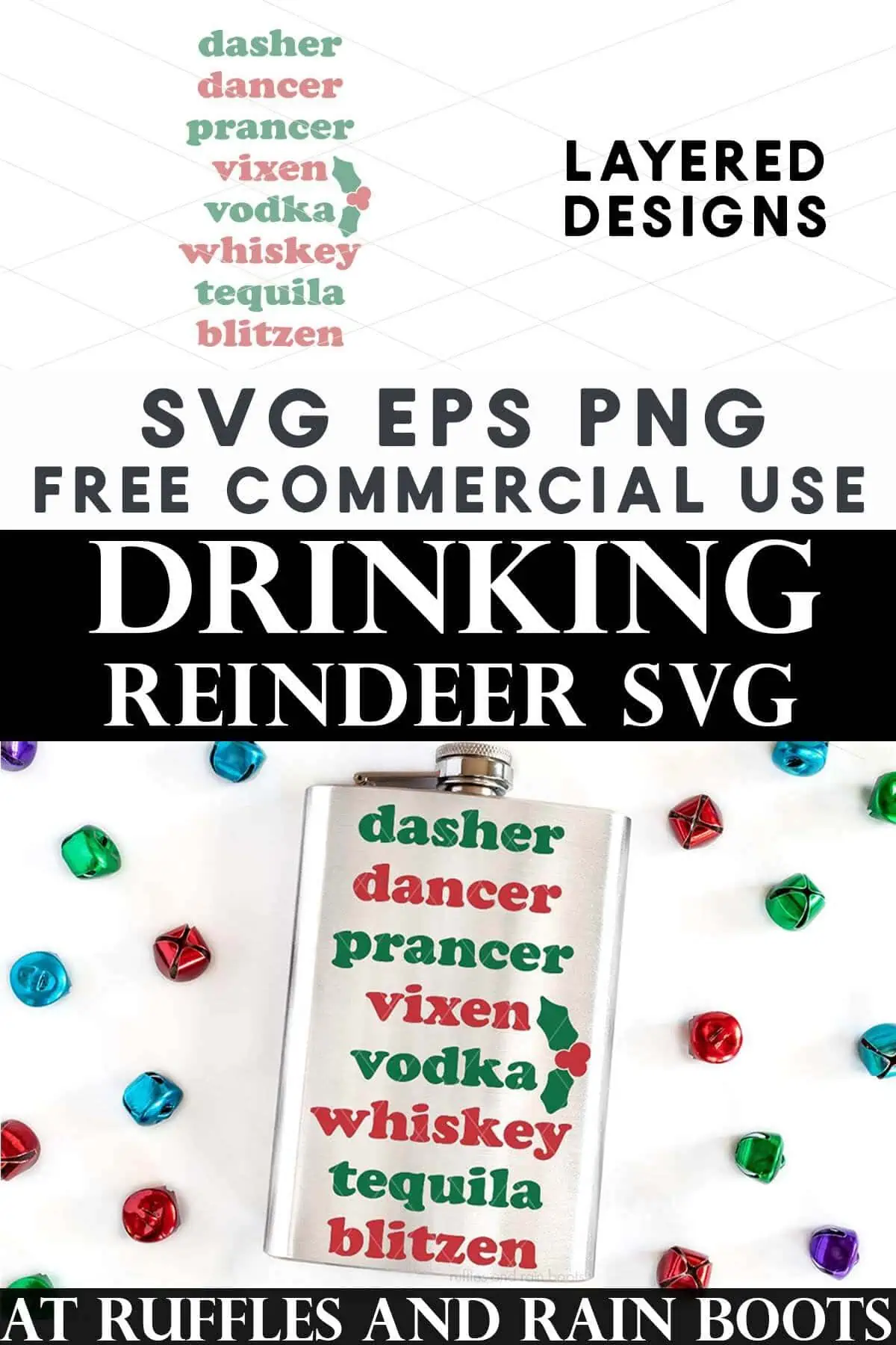 Split vertical image of a funny Christmas SVG design in red and green on a silver flask with text which reads Drinking Reindeer SVG.