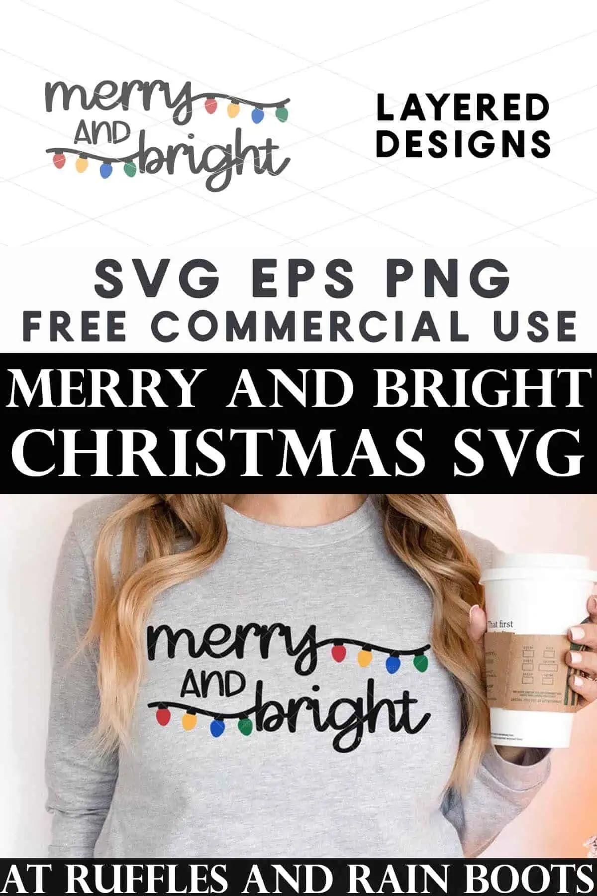 Vertical split image of woman in gray sweatshirt which reads Merry and Bright with a Christmas lights design.