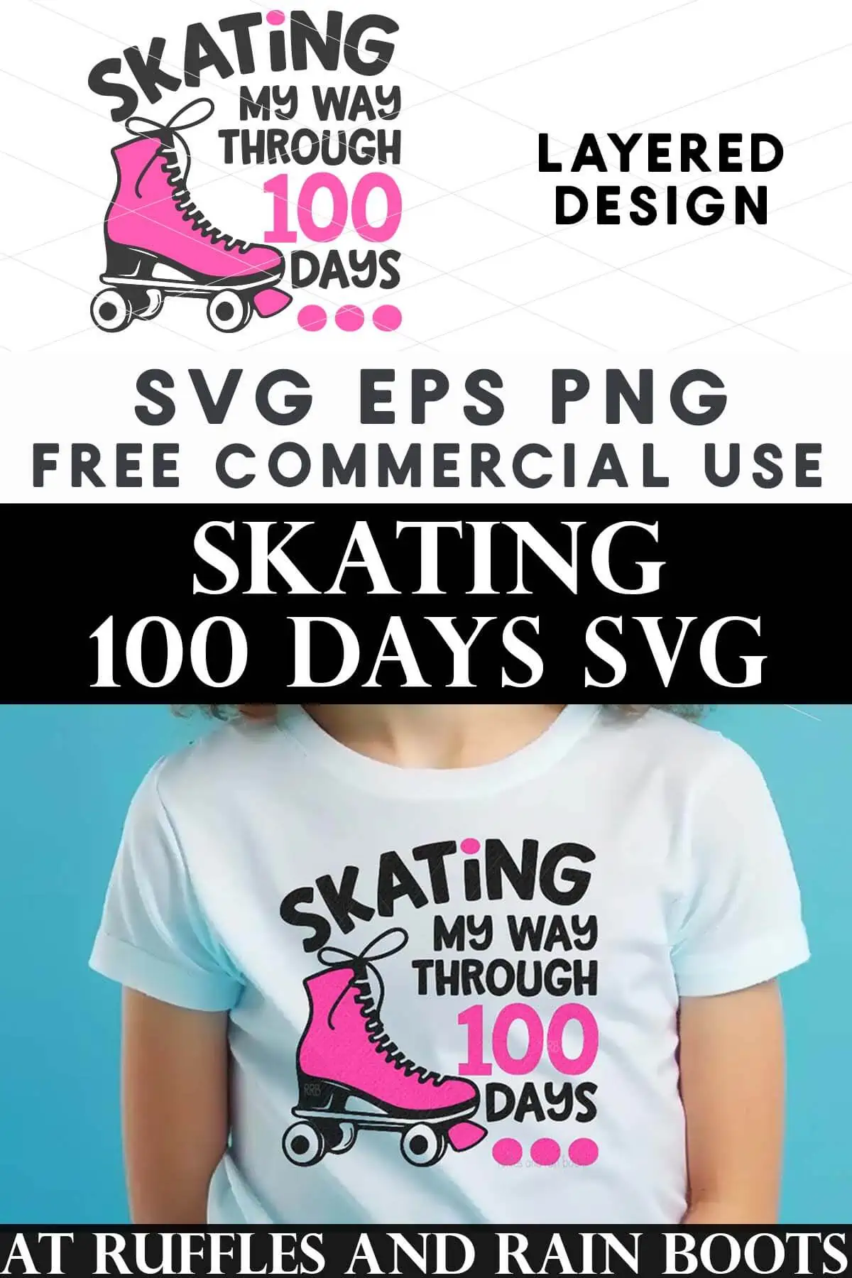 Split image of a little girl against a blue background wearing a white shirt which reads skating my through 100 days with a pink roller skate.