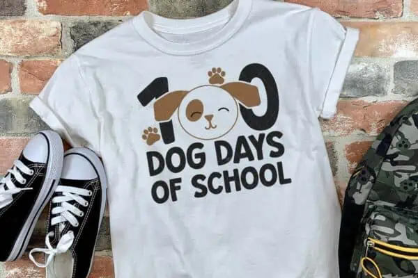 Horizontal image of a brick background with black tennis shoes, a backpack, and a white t-shirt which reads 100 dod days of school.