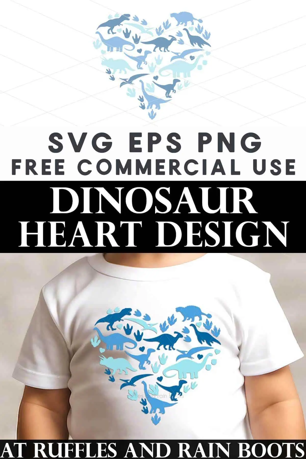 Split vertical image of a little boy in a white t shirt that has blue dinosaur SVG in a heart shape.